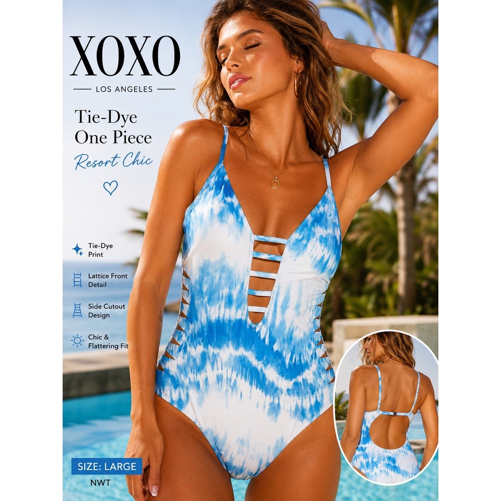 XOXO Resort Tie Dye Cutout One Piece Swimwear Blue White L